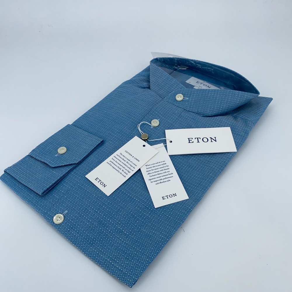 Eton Dress‎ Shirt Mens XL 17 - 43 Slim Fit Blue Patterned Poplin Linen Cotton